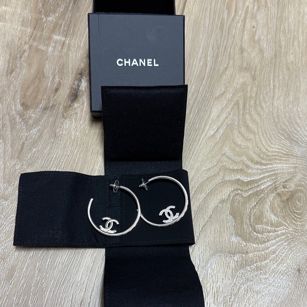 CHANEL Silver Logo Hoop Earrings